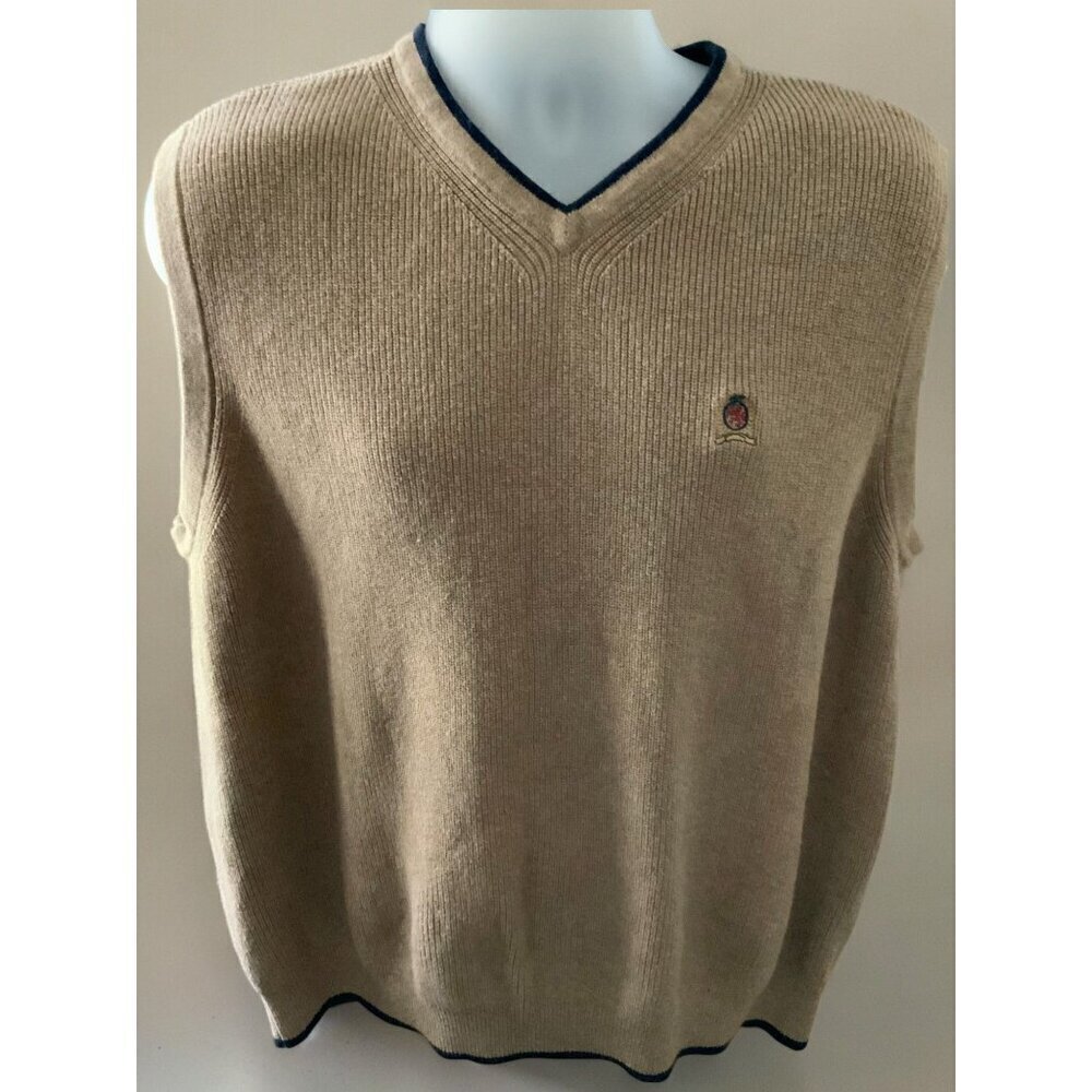 Tommy Hilfiger Sweater Vest Tan Navy Trim Cotton VNeck Casual Rib Knit Mens XL - Picture 2 of 8